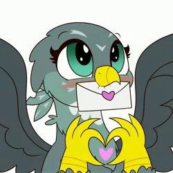 Size: 4000x4000 | Tagged: safe, artist:mrneo, derpibooru import, gabby, gryphon, absurd resolution, blushing, bust, cute, female, gabbybetes, heart, heart hands, letter, mouth hold, mrneo is trying to murder us, simple background, solo, spread wings, weapons-grade cute, white background, wings