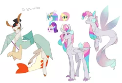 Size: 3247x2217 | Tagged: alicorn, artist:aztrial, celestinovoshy, claws, derpibooru import, draconequus, draconequus oc, female, fins, flutterlestia, fluttershy, hippogriff, hybrid, jewelry, lesbian, magical lesbian spawn, magical threesome spawn, multiple parents, my little pony: the movie, necklace, novolestia, oc, offspring, parent:fluttershy, parent:princess celestia, parent:queen novo, pegasus, princess celestia, queen novo, safe, seapony (g4), shipping, simple background, white background, wings