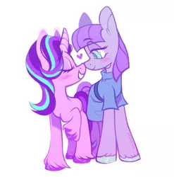 Size: 1133x1145 | Tagged: safe, artist:occultusion, derpibooru import, maud pie, starlight glimmer, earth pony, pony, unicorn, belt, blushing, boop, clothes, cute, dress, eyeshadow, female, glimmerbetes, glimmermaud, grin, heart, lesbian, makeup, mare, maudabetes, missing cutie mark, noseboop, raised hoof, shipping, simple background, smiling, starmaud, unshorn fetlocks, when she smiles, white background