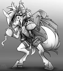 Size: 2812x3148 | Tagged: safe, artist:ralek, derpibooru import, oc, oc:altered carbon, unofficial characters only, pony, semi-anthro, bipedal, clothes, female, golf club, holster, looking at you, monochrome, solo, vulgar, weapon
