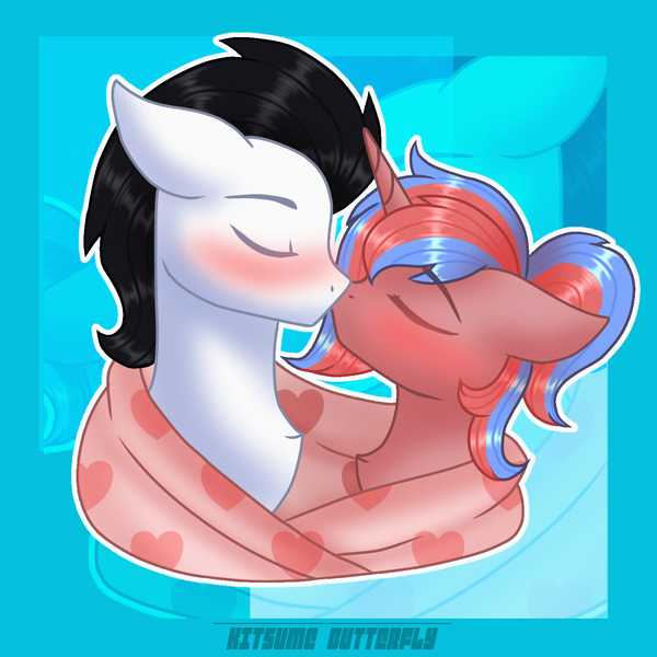 Size: 1500x1500 | Tagged: artist:tresmariasarts, blanket, blushing, bust, cute, derpibooru import, floppy ears, kissing, lovely, oc, oc:bree, oc:skysprinter, oc x oc, safe, shipping, unofficial characters only, wholesome