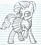 Size: 1367x1482 | Tagged: safe, anonymous artist, derpibooru import, rarity, pony, unicorn, clothes, female, hair bun, lined paper, mare, monochrome, skirt, socks, solo, traditional art
