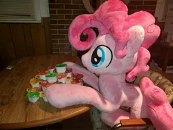 Size: 4032x3024 | Tagged: safe, artist:lanacraft, derpibooru import, pinkie pie, earth pony, bubble berry, chips, food, irl, male, photo, plushie, potato chips, pringles, rule 63, sitting, table