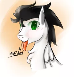 Size: 1882x1969 | Tagged: safe, artist:nanazdina, derpibooru import, oc, oc:skysprinter, unofficial characters only, pegasus, pony, :p, blushing, bust, chest fluff, cute, folded wings, male, no pupils, portrait, signature, smiling, solo, stallion, tongue out, wings