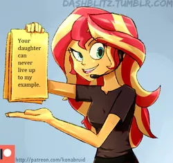 Size: 618x580 | Tagged: safe, artist:manic-the-lad, artist:thor-disciple, derpibooru import, edit, sunset shimmer, equestria girls, blue background, dreamworks face, female, headset, looking at you, shamwow, simple background, solo