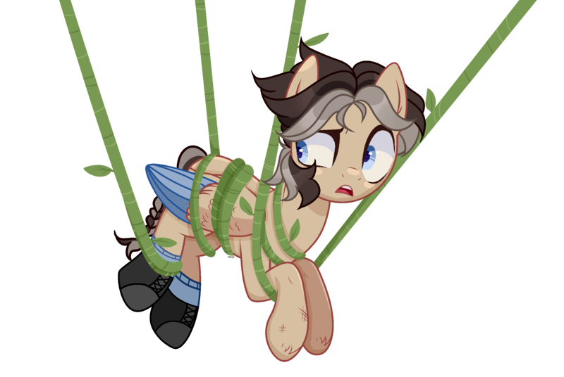Size: 2760x1848 | Tagged: safe, artist:sanyyyaa_, derpibooru import, oc, oc:hidden gems, unofficial characters only, pegasus, pony, icey-verse, bondage, boots, clothes, commission, female, leaves, mare, offspring, open mouth, parent:daring do, parent:doctor caballeron, parents:daballeron, shoes, simple background, socks, solo, tied up, transparent background, vine, ych result