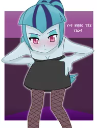 Size: 1523x2000 | Tagged: source needed, safe, artist:grapefruitface1, derpibooru import, sonata dusk, equestria girls, abstract background, anime style, base used, black dress, blushing, breasts, busty sonata dusk, cleavage, clothes, dialogue, dress, fishnets, leaning, looking at you, sleeveless, solo