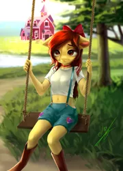 Size: 1800x2500 | Tagged: safe, artist:thatdreamerarts, derpibooru import, apple bloom, anthro, earth pony, barn, belly button, bow, breasts, clothes, cute, cutie mark, farm, midriff, overall, panties, pink underwear, scenery, short shirt, small breasts, solo, swing, tree, underwear