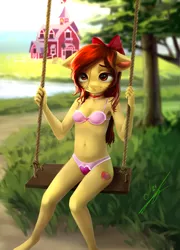 Size: 1800x2500 | Tagged: suggestive, artist:thatdreamerarts, derpibooru import, apple bloom, anthro, earth pony, barn, bow, bra, breasts, cleavage, clothes, cute, cutie mark, farm, frilly underwear, pink underwear, scenery, small breasts, solo, the cmc's cutie marks, tree, underwear