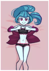 Size: 890x1290 | Tagged: suggestive, artist:drantyno, derpibooru import, sonata dusk, equestria girls, bed, belly button, bra, breasts, clothes, crop top bra, cute, female, fingers, frilly underwear, legs, lingerie, panties, smiling, solo, solo female, sonatabetes, underwear