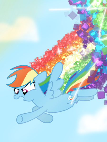 Size: 1080x1440 | Tagged: safe, artist:crossovercartoons, derpibooru import, rainbow dash, pegasus, pony, cloud, digital art, digital drawing, drawing, flying, happy, looking down, rainbow, rainbow dash day, rd day, solo, sonic rainboom, sparkles, spread wings, sun, trail, wings