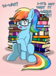 Size: 1714x2327 | Tagged: safe, artist:banquo0, derpibooru import, rainbow dash, pegasus, pony, adorkable, alternate hairstyle, blushing, book, caught, chest fluff, cute, dork, egghead, egghead dash, embarrassed, glasses, not what it looks like, ponytail, raised hoof, solo, text