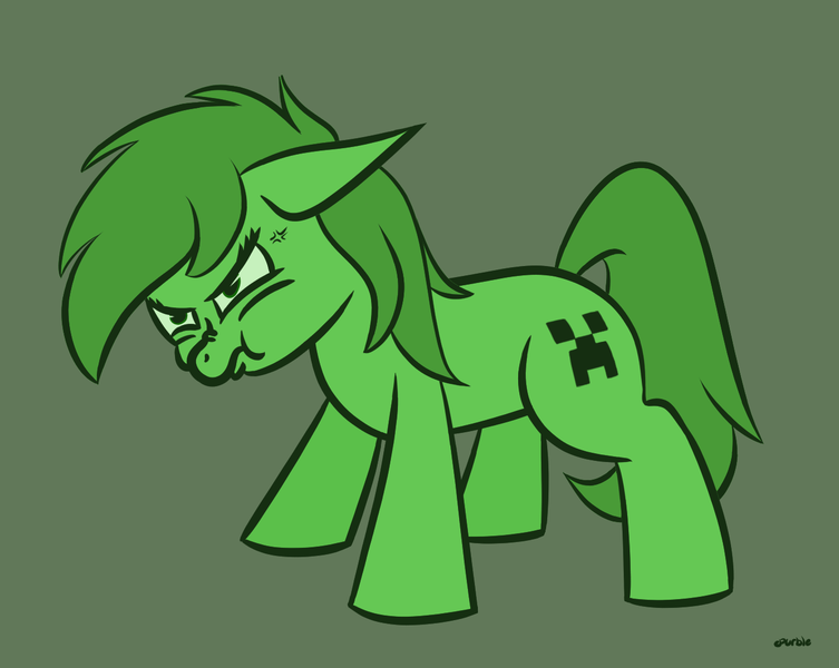 Size: 1352x1077 | Tagged: safe, derpibooru import, earth pony, pony, angry, aww man, creeper, female, filly, floppy ears, green coat, green eyes, green mane, minecraft, puffy cheeks, scrunchy face, simple background, solo, standing