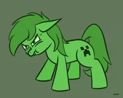 Size: 1352x1077 | Tagged: safe, derpibooru import, earth pony, pony, angry, aww man, creeper, female, filly, floppy ears, green coat, green eyes, green mane, minecraft, puffy cheeks, scrunchy face, simple background, solo, standing
