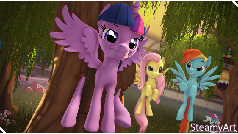 Size: 3840x2160 | Tagged: safe, artist:phenioxflame, derpibooru import, fluttershy, rainbow dash, twilight sparkle, twilight sparkle (alicorn), alicorn, pegasus, 3d, flying, flying lesson, gone wrong, laughing, looking at you, source filmmaker, stuck, tree, unamused