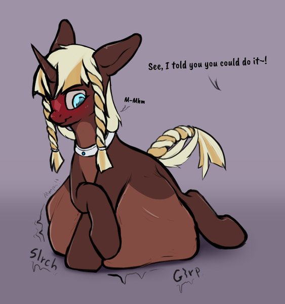 Size: 906x966 | Tagged: questionable, artist:ampderg, derpibooru import, oc, oc:canelle, pony, unicorn, belly, big belly, blushing, braid, braided tail, collar, muffled moaning, predator, solo, stomach noise, submissive, unknown prey, vore