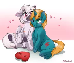 Size: 2593x2207 | Tagged: safe, artist:melpone, derpibooru import, oc, unofficial characters only, earth pony, pony, unicorn, female, heart, heart pillow, male, mare, oc x oc, pillow, shipping, stallion, straight