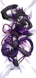 Size: 2072x4400 | Tagged: safe, artist:qamar, derpibooru import, oc, oc:cobra eyes, hybrid, original species, snake, snake pony, black socks, clothes, female, females only, mask, ninja, pillow, ponytail, purple eyes, snake tail, socks, solo, tail