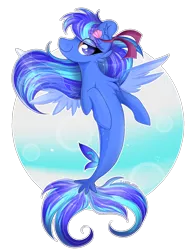 Size: 1300x1658 | Tagged: artist:woonborg, blue eyes, bubble, chest fluff, derpibooru import, dorsal fin, ear fluff, eyelashes, fin wings, fish tail, flowing hair, flowing mane, oc, ribbon, safe, seapony (g4), seashell, shell, simple background, smiling, solo, tail, transparent background, underwater, unofficial characters only, water, wings
