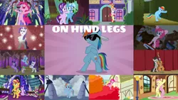 Size: 1978x1112 | Tagged: safe, derpibooru import, edit, edited screencap, editor:quoterific, screencap, apple bloom, fluttershy, octavia melody, pinkie pie, rainbow dash, rarity, scootaloo, spike, starlight glimmer, sunset shimmer, sweetie belle, trixie, twilight sparkle, dragon, pegasus, pony, unicorn, a horse shoe-in, bridle gossip, dragon quest, equestria girls, fake it 'til you make it, friendship is magic, marks for effort, may the best pet win, mirror magic, pinkie pride, road to friendship, the crystalling, the return of harmony, spoiler:eqg specials, angry, bag, bipedal, book, bow (instrument), cello, cutie mark crusaders, dancing, duo, earth pony rainbow dash, eyes closed, female, filly, musical instrument, nose in the air, open mouth, saddle bag, scared, stack, sunglasses, unicorn twilight, y pose