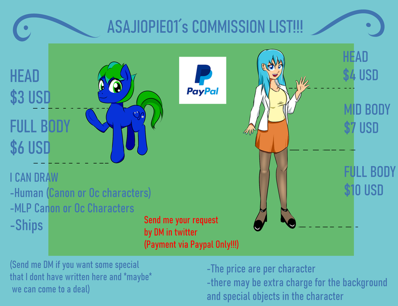 Size: 2600x2000 | Tagged: safe, artist:asajiopie01, derpibooru import, oc, unofficial characters only, human, pony, advertisement, clothes, commission info, paypal, simple background, text