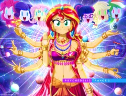 Size: 1990x1520 | Tagged: safe, artist:the-butch-x, derpibooru import, applejack, fluttershy, pinkie pie, rainbow dash, rarity, sci-twi, sunset shimmer, twilight sparkle, equestria girls, bacon, belly button, bracelet, breasts, busty sunset shimmer, cleavage, ear piercing, earring, earth, fidget spinner, food, fork, freckles, glasses, goddess, hinduism, humane five, humane seven, humane six, jewelry, meat, multiple arms, necklace, open mouth, piercing, planet