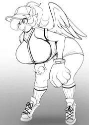 Size: 715x1000 | Tagged: safe, artist:littlebibbo, derpibooru import, oc, oc:bibbo, unofficial characters only, anthro, pegasus, unguligrade anthro, baseball, baseball cap, baseball glove, bent over, big breasts, breasts, cap, clothes, female, freckles, gradient background, hat, holding, huge breasts, image, jpeg, lineart, monochrome, open mouth, shirt, shoes, shorts, smiling, sneakers, solo, sports