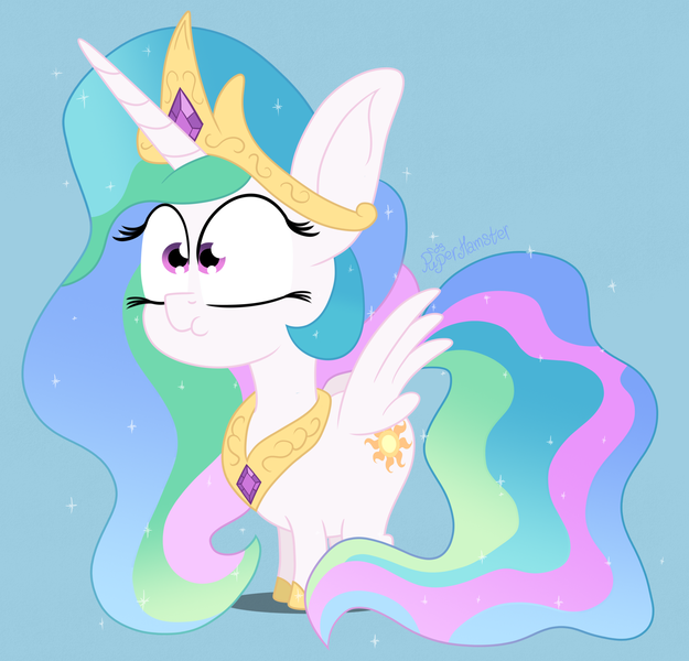 Size: 3000x2880 | Tagged: safe, artist:puperhamster, derpibooru import, princess celestia, pony, unicorn, chibi, female, mare, simple background, solo, wings