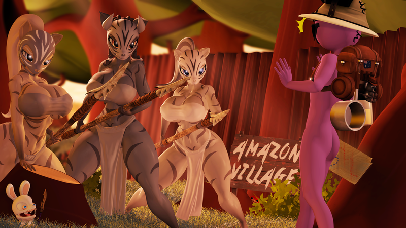 Size: 3840x2160 | Tagged: 3d, amazonian, anthro, artist:indigosfmworks, ass, bare shoulders, belly button, big breasts, bra, breasts, butt, clothed ponies, clothes, derpibooru import, female, jungle, loincloth, male, mask, meme, oc, outdoors, plantigrade anthro, poster, rabbid, skull, sonic the hedgehog (series), source filmmaker, stripes, suggestive, ugandan knuckles, underwear, zebra