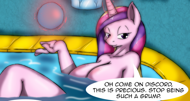 Size: 2000x1073 | Tagged: anthro, artist:suirano, big breasts, breasts, busty princess cadance, comic, comic:temptation, cropped, derpibooru import, dialogue, edit, female, hot tub, implied discord, magic, milf, nudity, princess cadance, solo, solo female, speech bubble, suggestive, temptation (chapter 4)