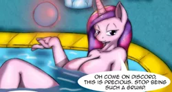 Size: 2000x1073 | Tagged: anthro, artist:suirano, big breasts, breasts, busty princess cadance, comic, comic:temptation, cropped, derpibooru import, dialogue, edit, female, hot tub, implied discord, magic, milf, nudity, princess cadance, solo, solo female, speech bubble, suggestive, temptation (chapter 4)