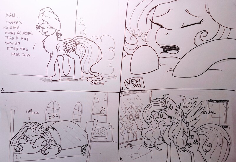 Size: 3927x2699 | Tagged: safe, artist:nightydream, derpibooru import, fluttershy, pony, bed mane, comic, monochrome, sleeping, solo, towel, traditional art