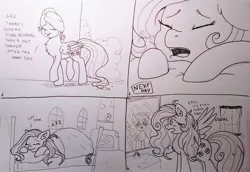 Size: 3927x2699 | Tagged: safe, artist:nightydream, derpibooru import, fluttershy, pony, bed mane, comic, monochrome, sleeping, solo, towel, traditional art