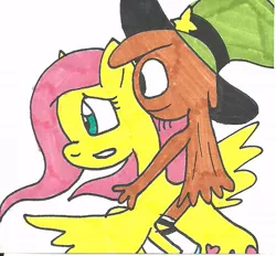 Size: 618x573 | Tagged: safe, artist:cmara, derpibooru import, fluttershy, pegasus, pony, flying, friendshipping, riding a pony, traditional art, wander (wander over yonder), wander over yonder