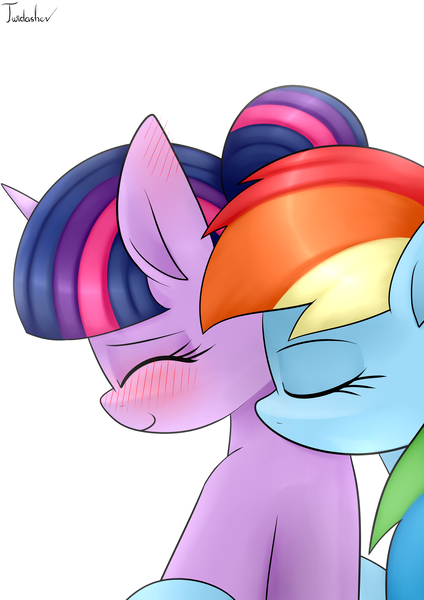 Size: 2480x3507 | Tagged: safe, artist:twidasher, derpibooru import, rainbow dash, twilight sparkle, pegasus, pony, alternate hairstyle, blushing, eyes closed, female, hair bun, hug, lesbian, neck nuzzle, nuzzling, shipping, signature, simple background, twidash, white background