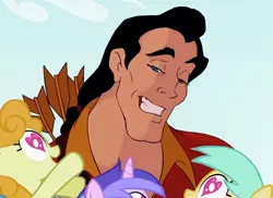 Size: 766x557 | Tagged: safe, derpibooru import, edit, edited screencap, screencap, carrot top, golden harvest, sea swirl, seafoam, sunshower raindrops, human, pony, lesson zero, background pony, beauty and the beast, disney, gaston, grin, heart, looking at you, smiling, want it need it