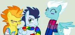 Size: 1974x916 | Tagged: safe, artist:jadethepegasus, artist:ponybasesrus, derpibooru import, fleetfoot, soarin', spitfire, pegasus, pony, base used, bisexual pride flag, clothes, eyes closed, face paint, female, gay pride flag, gray background, grin, lip bite, male, mare, open mouth, pansexual pride flag, pride, pride flag, rainbow socks, raised hoof, scarf, simple background, smiling, socks, stallion, striped socks, sweater, trans female, transgender, transgender pride flag, trio