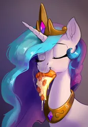 Size: 901x1300 | Tagged: safe, artist:dimfann, colorist:xbi, derpibooru import, edit, editor:xbi, princess celestia, alicorn, pony, bust, cute, cute little fangs, cutelestia, eyes closed, fangs, female, food, herbivore, image, jewelry, jpeg, majestic as fuck, mare, mouth hold, pizza, regalia, slice of pizza, solo, steam, tomato, tomato pizza