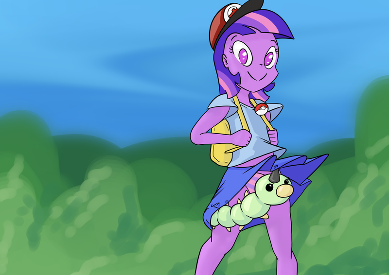 Size: 1414x1000 | Tagged: suggestive, artist:happy harvey, banned from derpibooru, derpibooru import, twilight sparkle, oc, oc:anonfilly, human, weedle, equestria girls, backpack, climbing, clothes, crossover, drawn on phone, female, females only, forest, hat, image, lolicon, looking at you, panties, png, pokéball, pokémon, purple underwear, skirt, smiling, species swap, striped underwear, tree, underage, underwear, upskirt