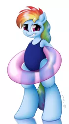 Size: 1350x2400 | Tagged: safe, alternate version, artist:livriel, derpibooru import, rainbow dash, pony, semi-anthro, adorasexy, bipedal, braces, clothes, cute, dashabetes, female, floaty, inner tube, looking at you, mare, one-piece swimsuit, sexy, smiling, solo, strategically covered, swimsuit, teasing