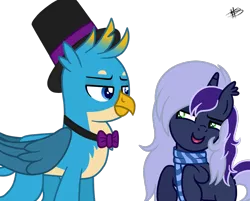 Size: 1024x823 | Tagged: safe, artist:princessmoonsilver, derpibooru import, gallus, oc, oc:krystel, gryphon, pony, unicorn, base used, clothes, hat, scarf, top hat, vector