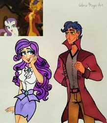 Size: 1867x2141 | Tagged: safe, artist:valeriamagicart, derpibooru import, screencap, capper dapperpaws, rarity, human, unicorn, my little pony: the movie, blushing, clothes, female, humanized, male, open mouth, scene interpretation, screencap reference, traditional art