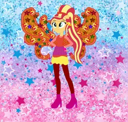 Size: 736x708 | Tagged: safe, artist:selenaede, artist:user15432, derpibooru import, sunset shimmer, fairy, human, equestria girls, alternate hairstyle, barely eqg related, base used, boots, clothes, cosmix, crossover, fairy wings, fairyized, fingerless gloves, gloves, hands on hip, high heel boots, high heels, leggings, ponied up, ponytail, rainbow s.r.l, shoes, stars, wings, winx, winx club, winxified