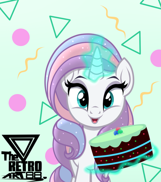 Size: 1500x1700 | Tagged: safe, artist:theretroart88, derpibooru import, potion nova, pony, unicorn, my little pony: pony life, cake, cute, female, food, g4.5 to g4, glowing horn, horn, looking at you, magic, magic aura, novabetes, open mouth, solo, telekinesis