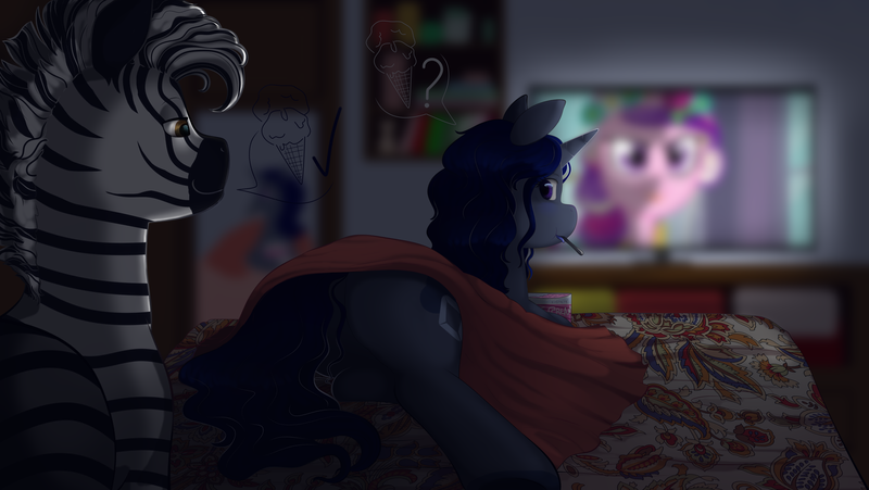 Size: 4820x2718 | Tagged: safe, artist:69beas, derpibooru import, screencap, oc, oc:gale thundercloud, oc:lucatiel, pony, unicorn, a canterlot wedding, bed, bedroom eyes, female, food, ice cream, looking back, lying down, male, mare, married couple, shipping, spoon, stallion, television, this day aria