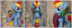 Size: 2560x1000 | Tagged: safe, artist:1stastrastudio, derpibooru import, rainbow dash, pony, apple, clothes, food, irl, pear, photo, plushie, scarf, solo