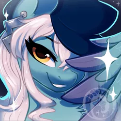 Size: 1000x1000 | Tagged: safe, artist:colorfulcolor233, derpibooru import, oc, oc:ice, unofficial characters only, pegasus, pony, bedroom eyes, bust, ear piercing, earring, hat, jewelry, one eye closed, piercing, solo, watermark, wink