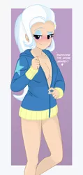 Size: 1500x3164 | Tagged: abstract background, anime, anime style, artist:grapefruitface1, base used, breasts, clothes, derpibooru import, dialogue, eyeshadow, hoodie, human, humanized, implied grapexie, implied oc:grapefruit face, looking at you, makeup, open clothes, solo, suggestive, trixie, undressing, unzipping