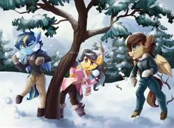 Size: 4096x3015 | Tagged: artist:saxopi, beanie, clothes, derpibooru import, hat, jacket, oc, pegasus, safe, scarf, semi-anthro, snow, snowball fight, snow boots, tree, trio, unofficial characters only, winter
