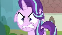 Size: 1920x1080 | Tagged: safe, derpibooru import, screencap, starlight glimmer, pony, unicorn, season 8, the parent map, spoiler:s08, angry, angry face, face, female, floppy ears, gritted teeth, house, image, mare, png, rage, ragelight glimmer, shrunken pupils, sire's hollow, solo, starlight is not amused, tree, unamused, window